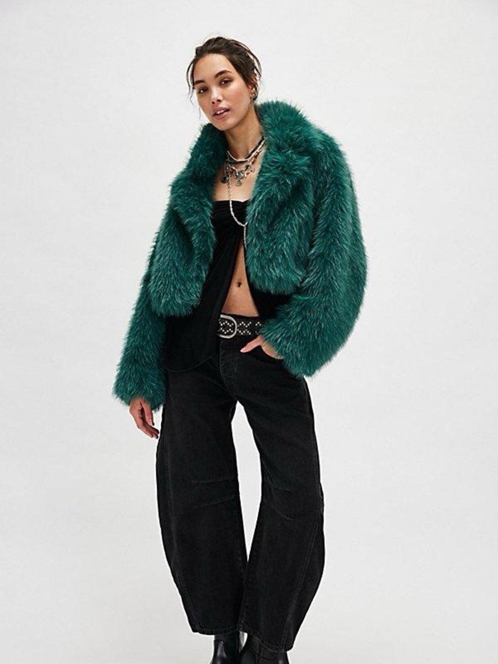 Free People Paris Cropped faux fur Jacket in Teal Green
